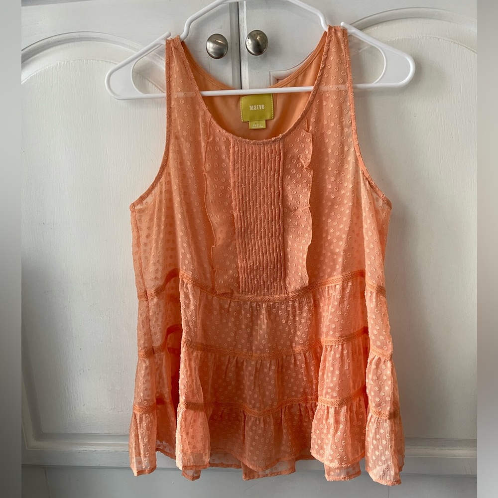 Maeve Peach sheer Swiss dot sleeveless blouse.  Size small